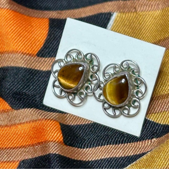 Teardrop Shaped Tigers Eye Pierced Earrings with Scrolling Stamped 925 Silver - Picture 2 of 9
